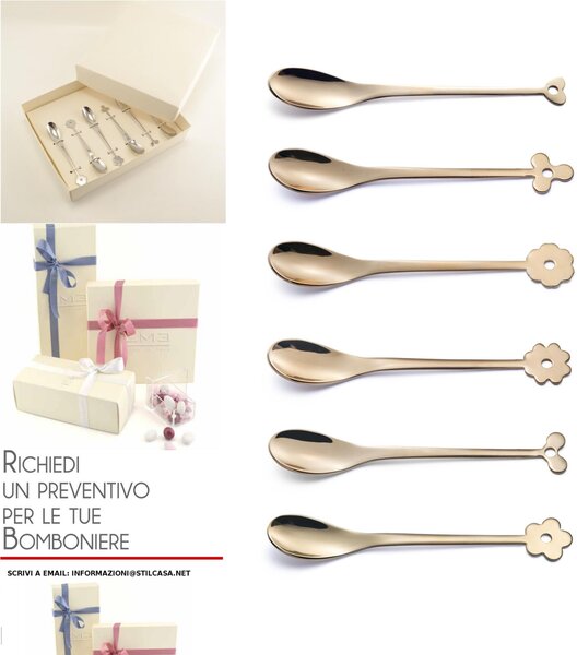 Cucchiaini Espresso e Moka CADEAU in acciaio 18.10 AISI430 112 mm set 6 pezzi ROSE' brunito oro lucido in confezione bomboniera
