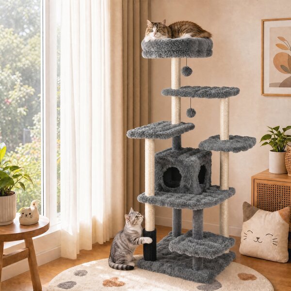 Costway Albero per gatti da interno 4 piattaforme di salto cuccia palo avvolto in sisal e base ampia, Tiragraffi per gatti con posatoio per gattini Grigio