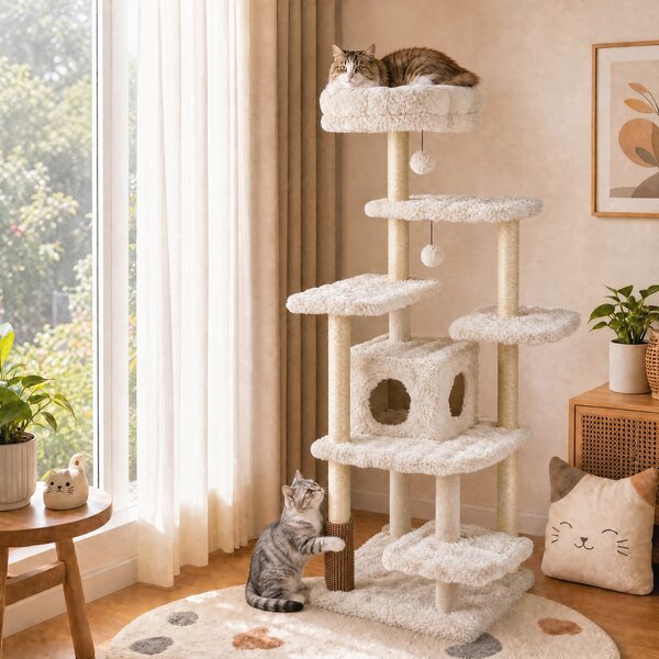 Costway Albero per gatti da interno 4 piattaforme di salto cuccia palo avvolto in sisal e base ampia, Tiragraffi per gatti con posatoio per gattini Beige