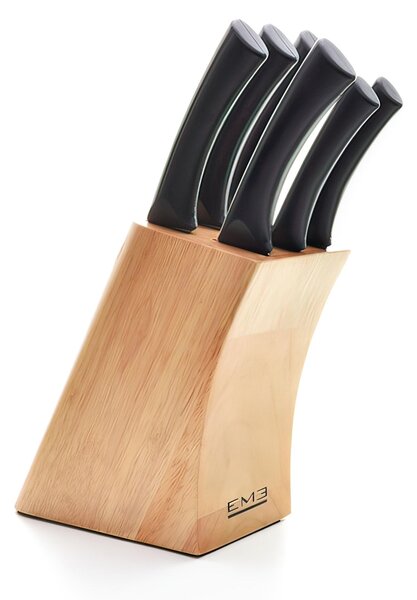 Ceppo in Legno con 6 coltelli da cucina LOVEME EME 18x8.5xh36 cm cm coltelli manici in resina Acetalica Nera Legno lavorati a mano Lama in Acciaio Inox