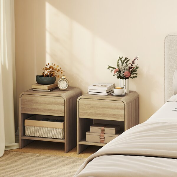 HOMCOM Set di 2 Comodini in Stile Nordico con Angoli Arrotondati Cassetto e Ripiano Aperto 40x35x45 cm Naturale | Aosom Italy