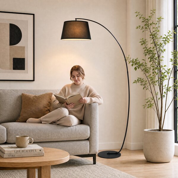 HOMCOM Lampada da Terra con Paralume Rivestito in Tessuto e Base in Metallo, Interruttore a Pedale, Φ47 x 105 x 190cm, Nera|Aosom