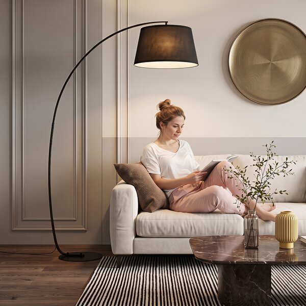 HOMCOM Lampada da Terra con Paralume Rivestito in Tessuto e Base in Metallo, Interruttore a Pedale, Φ47 x 105 x 190cm, Nera|Aosom