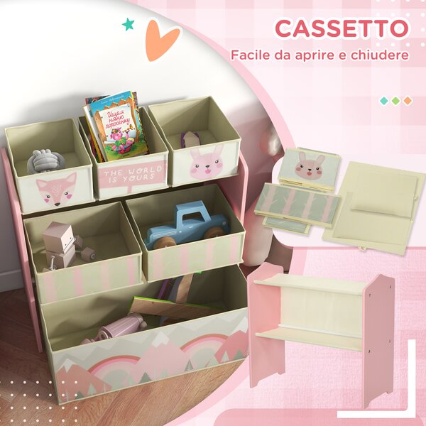 ZONEKIZ Scaffale Portagiochi per Bambini con 6 Contenitori Rimovibili in Tessuto, 63x30x66cm, Rosa|Aosom