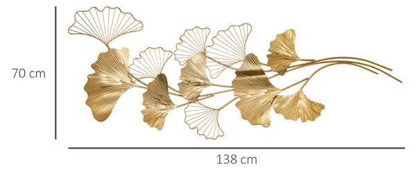 HOMCOM Decorazione Murale 3D in Metallo, Wall Art Dorata con Foglie di Ginkgo 138x70cm|Aosom