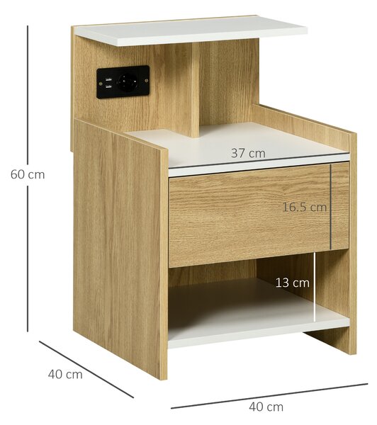 HOMCOM Comodino moderno con 2 Prese e porte USB e Cassetto in truciolato, 40x40x60cm, Color Legno|Aosom