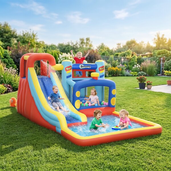 Outsunny Castello Gonfiabile per Bambini 3-8 Anni con Trampolino, Scivolo e Piscina, 435x245x200cm|Aosom