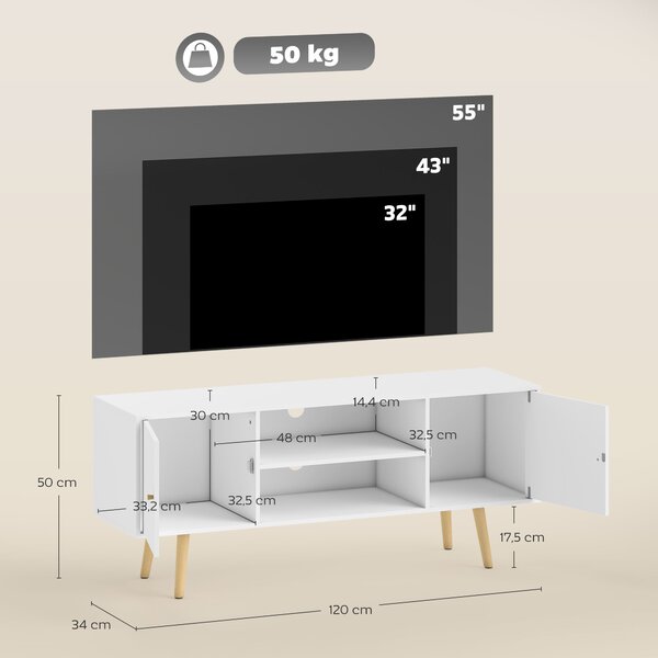 HOMCOM Mobile TV 55" max con 2 Armadietti e 2 Ripiani Aperti, in Legno e Truciolato, 120x34x50 cm, Bianco|Aosom