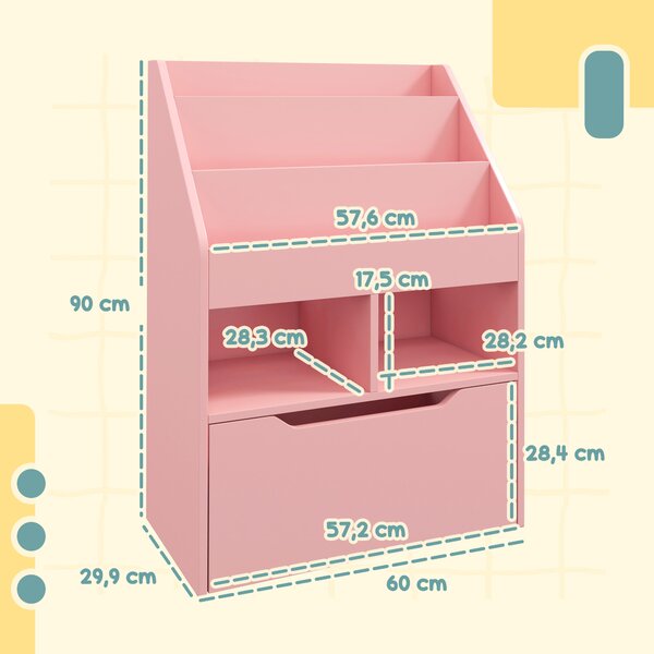 HOMCOM Piccola Libreria per Bambini con Ripiani e Cassetto in MDF, 60x29.9x90cm, Rosa
