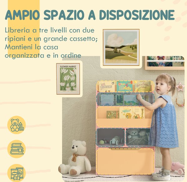 HOMCOM Piccola Libreria per Bambini con Ripiani e Cassetto in MDF, 60x29.9x90cm, Rosa