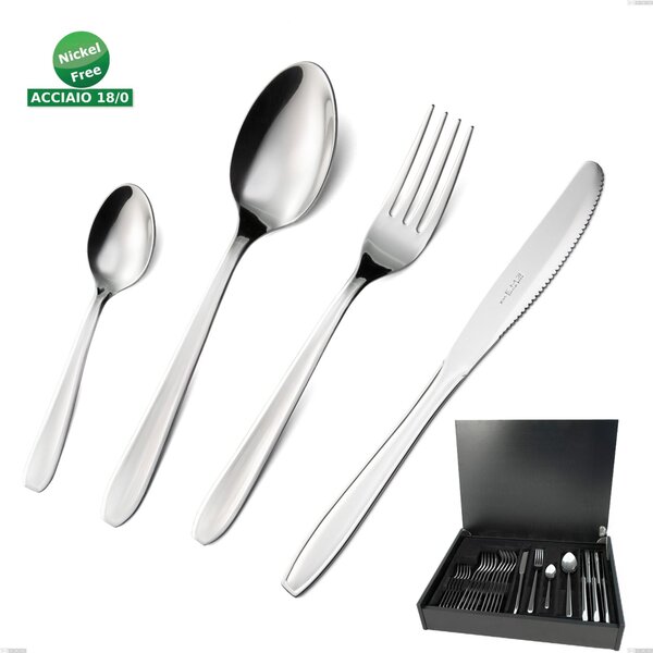 Astuccio legno 24 pezzi coltello economico eco, Acciaio inox Aisi 430 NIchel Free Posate Lucide, spessore 1.5 mm
