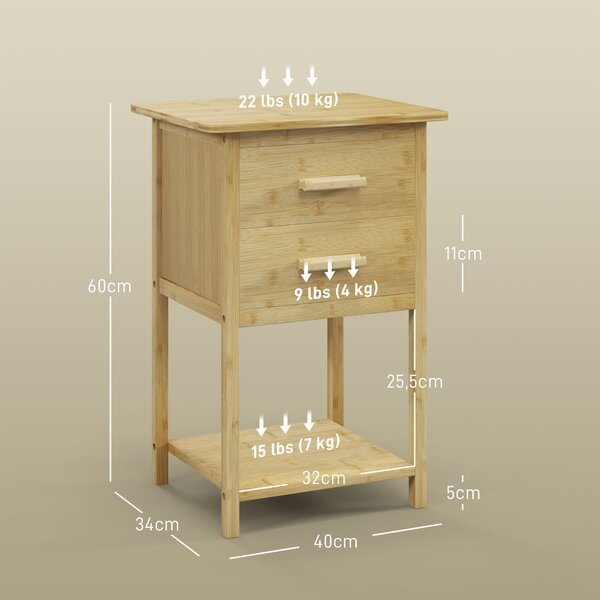 HOMCOM Set 2 Comodini in Bambù con 2 Cassetti e Ripiano Inferiore in stile Nordico, superficie verniciata, 40x34x60 cm| Aosom Italy