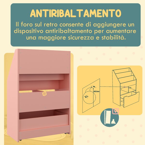 HOMCOM Piccola Libreria per Bambini con Ripiani e Cassetto in MDF, 60x29.9x90cm, Rosa