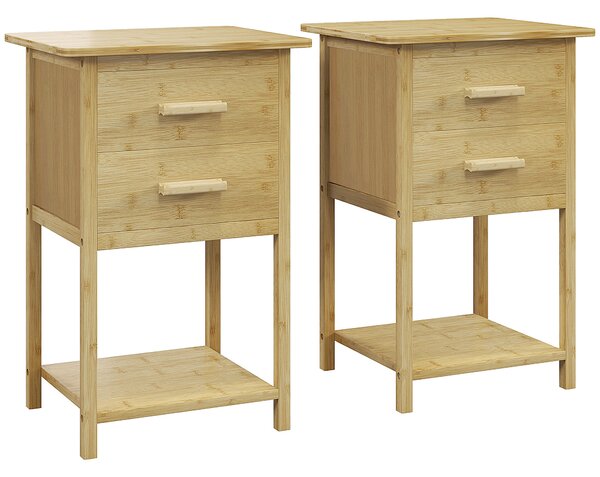 HOMCOM Set 2 Comodini in Bambù con 2 Cassetti e Ripiano Inferiore in stile Nordico, superficie verniciata, 40x34x60 cm| Aosom Italy