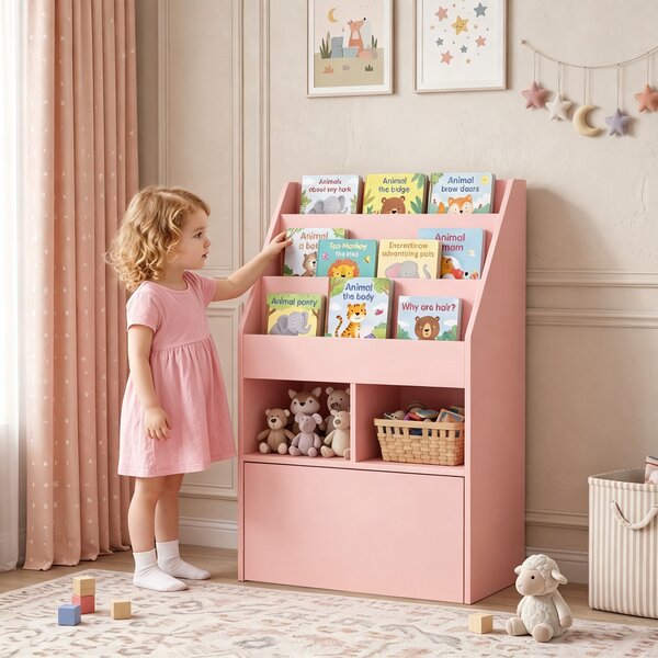 HOMCOM Piccola Libreria per Bambini con Ripiani e Cassetto in MDF, 60x29.9x90cm, Rosa