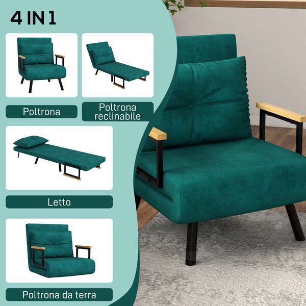HOMCOM Poltrona Letto 3 in 1 con Schienale Reclinabile in 5 Posizioni e Cuscino, struttura in acciaio e braccioli in legno, 63x73x81 cm, Verde | Aosom Italy