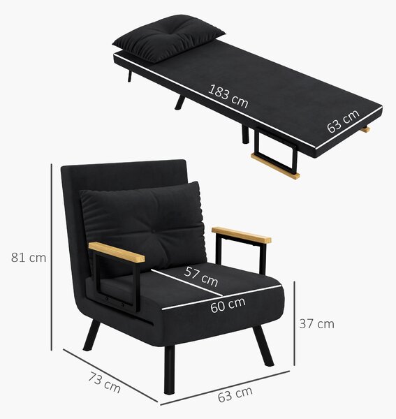 HOMCOM Poltrona Letto 3 in 1 con Schienale Reclinabile in 5 Posizioni e Cuscino, Divano letto con seduta imbottita, 63x73x81 cm, Nero | Aosom Italy