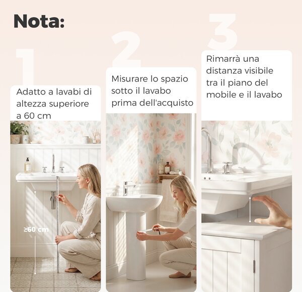 Kleankin Mobiletto Bagno Sottolavabo a 2 Ante con Ripiano Regolabile e Intaglio a U, Mobile in MDF, 60x30x60 cm, Bianco|Aosom Italy