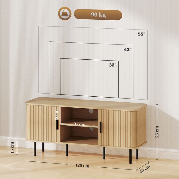 HOMCOM Mobile TV 55" con 2 Armadietti e 2 Ripiani in Legno e Acciaio, 120x40x55 cm, Nero e Rovere
