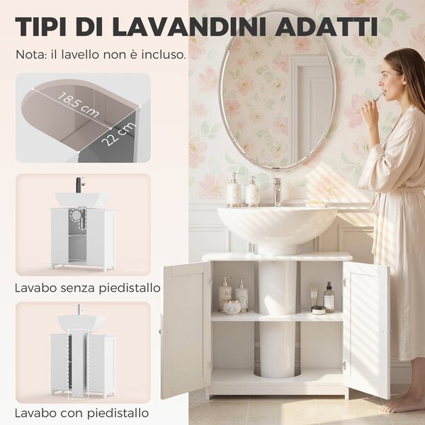 Kleankin Mobiletto Bagno Sottolavabo a 2 Ante con Ripiano Regolabile e Intaglio a U, Mobile in MDF, 60x30x60 cm, Bianco|Aosom Italy