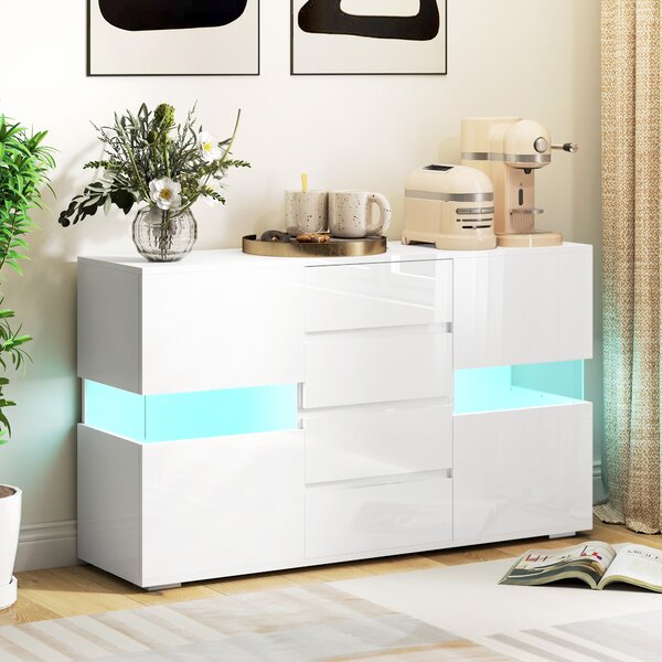 HOMCOM Credenza Moderna con LED Regolabile con Telecomando, 4 Cassetti e 2 Armadietti, 120x34x70 cm, Bianco