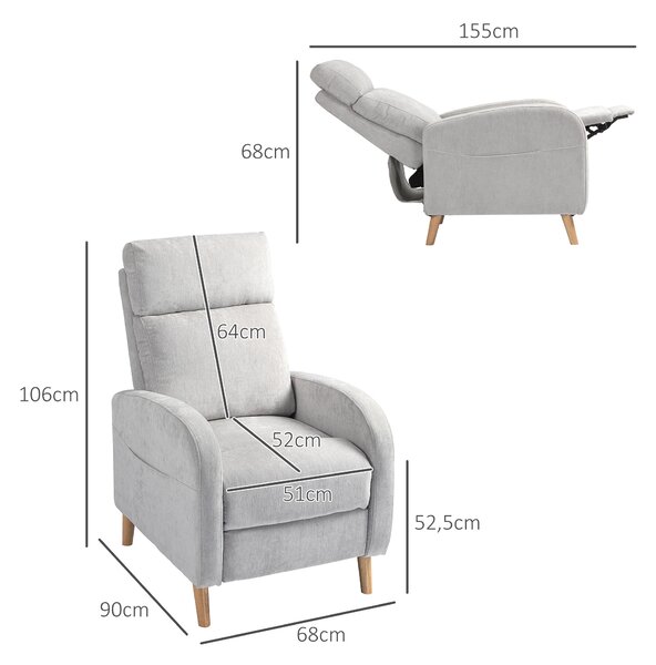 HOMCOM Poltrona Reclinabile 150° max con Poggiapiedi, in Tessuto Effetto Lino, 68x90x106 cm, Grigio Chiaro