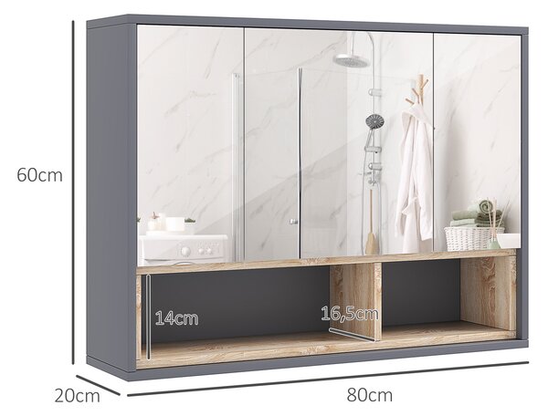 HOMCOM Specchiera Bagno a 3 Ante con Armadietto 8 Vani e Ante Ammortizzate, 80x20x60 cm, Grigio