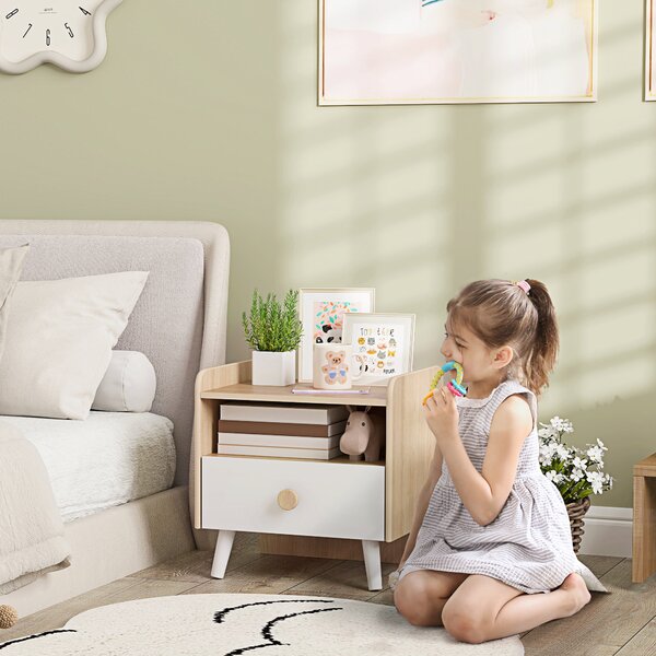 AIYAPLAY Comodino con Cassetto per Bambini 3-10 Anni in Legno e Legno di Pino, 40x32.5x40 cm, Bianco