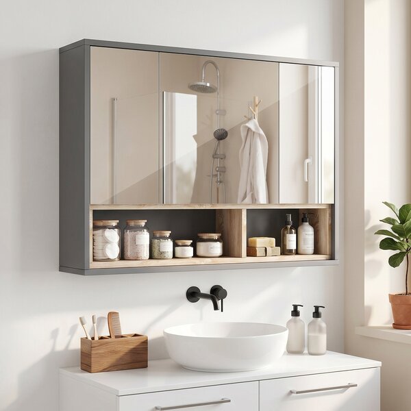 HOMCOM Specchiera Bagno a 3 Ante con Armadietto 8 Vani e Ante Ammortizzate, 80x20x60 cm, Grigio