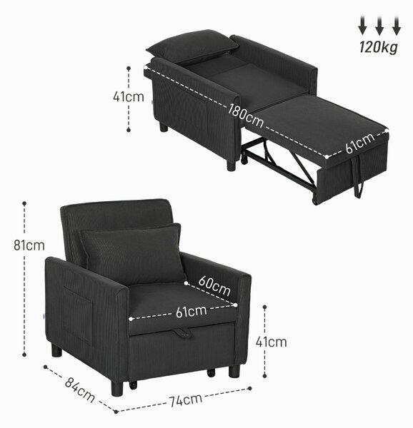 HOMCOM Poltrona Letto Reclinabile con Tasche Laterali, in Tessuto Effetto Velluto, 74x84x81 cm, Grigio Scuro
