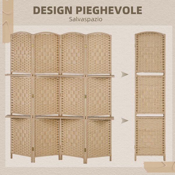 HOMCOM Paravento da Interno a 4 Pannelli Pieghevole con Mensole 160x170 cm, Colore Naturale