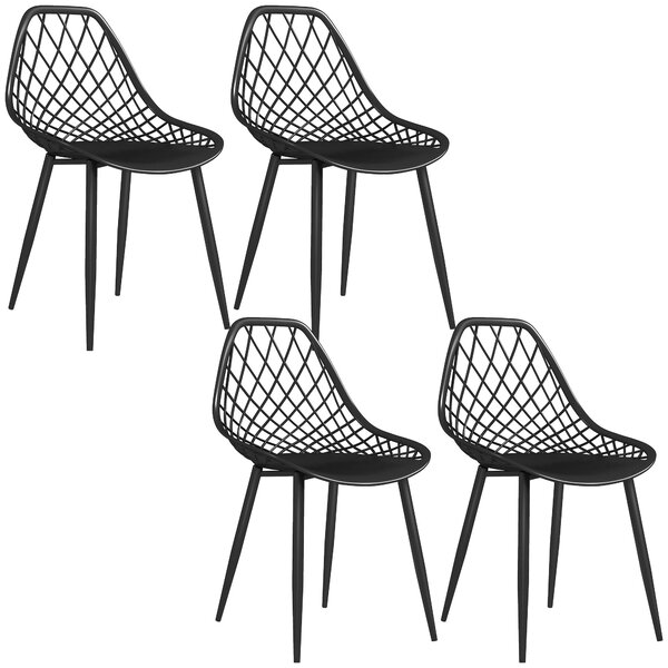 HOMCOM Set 4 Sedie da Pranzo Moderne con Schienale Traforato in Plastica e Gambe in Metallo, Nero | Aosom Italy