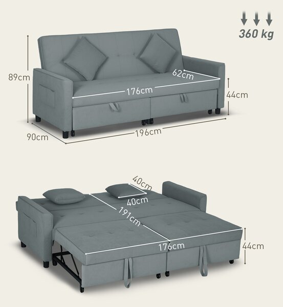 HOMCOM Divano Letto 3 Posti Clic Clac con Schienale Reclinabile e 2 Cuscini, 196x90x89 cm, Grigio