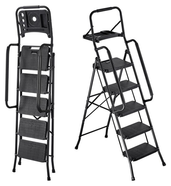 Scala a pioli/scala domestica - 5 gradini Scala pieghevole - Con ripiano porta attrezzi - Corrimano su entrambi i lati - Scala di sicurezza - Portata 272 kg - Nero
