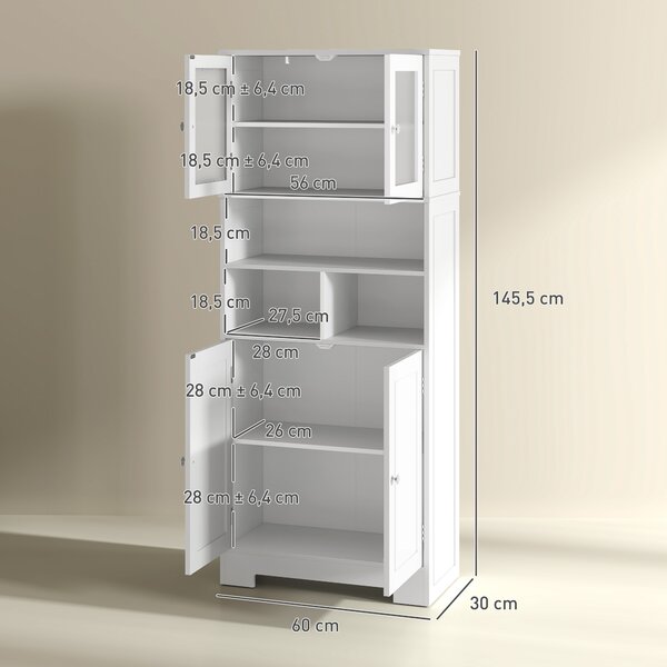 HOMCOM Credenza Cucina con 2 Armadietti e 3 Vani Aperti, Ante a Vetro e Ripiani Regolabili, 60x30x145.5 cm, Bianco | Aosom Italy