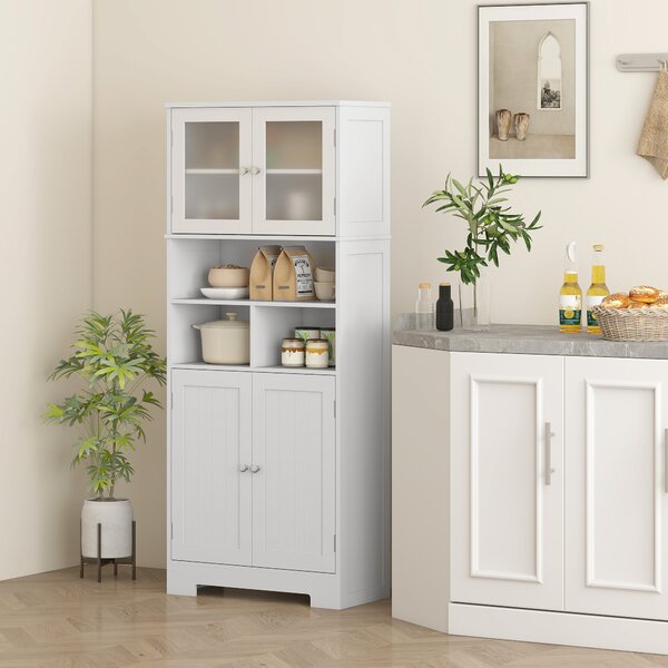 HOMCOM Credenza Cucina con 2 Armadietti e 3 Vani Aperti, Ante a Vetro e Ripiani Regolabili, 60x30x145.5 cm, Bianco | Aosom Italy