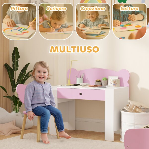 AIYAPLAY Set Scrivania per Bambini con Cassetto e Sedia con Schienale a Orsetto, Età 3-8 Anni, Rosa | Aosom Italy