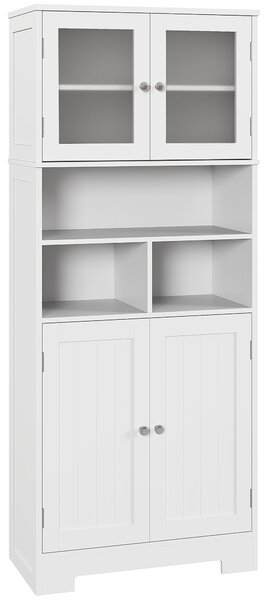 HOMCOM Credenza Cucina con 2 Armadietti e 3 Vani Aperti, Ante a Vetro e Ripiani Regolabili, 60x30x145.5 cm, Bianco | Aosom Italy