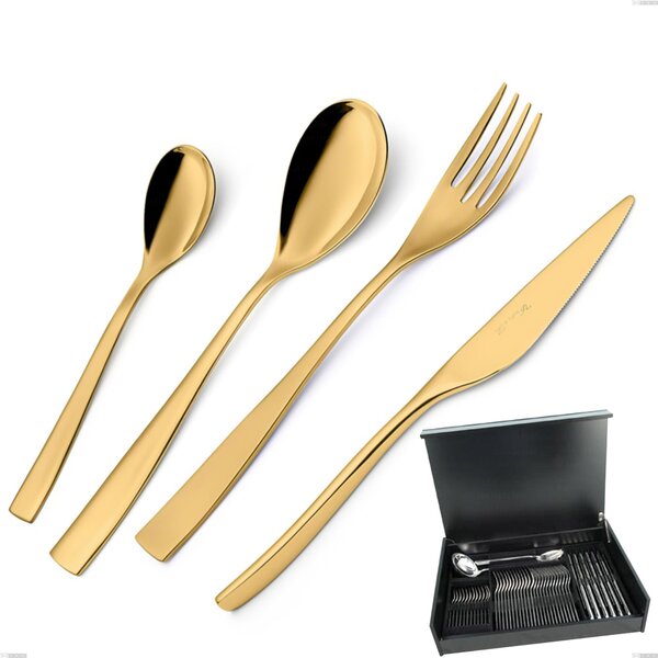 Servizio di posate 51 pezzi in astuccio di legno Etoile PVD Gold, Acciaio 18/10 lucido, spessore 4 mm, pvd oro