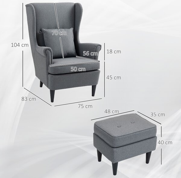 HOMCOM Poltrona per Salotto in Tessuto con Pouf Poggiapiedi, Schienale Alto e Cuscino, 75x83x104 cm, Grigio | Aosom Italy