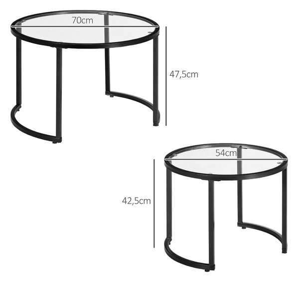 HOMCOM Set 2 Tavolini da Caffè Sovrapponibili in Vetro e Acciaio, Ø70x47.5 cm e Ø54 x 42.5 cm, Nero | Aosom Italy