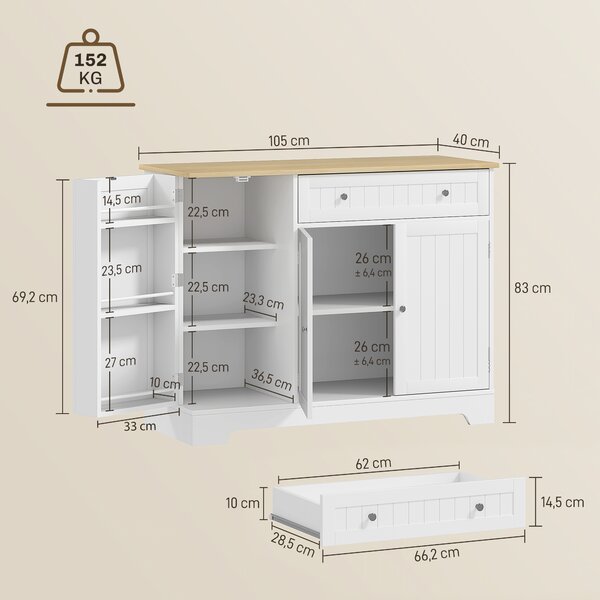 HOMCOM Credenza Moderna con Spazio di Archiviazione, Mobile Buffet con Cassetto, Ripiani Regolabili, Piccola Dispensa da Cucina con Ripiani Porta, Bianco | Aosom Italy