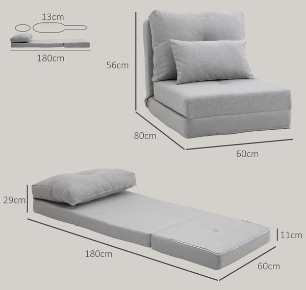 HOMCOM Poltrona Letto 3 in 1 Convertibile e Divano da Terra con Schienale regolabile e 2 Cuscini, Sedia in Chaise Longue, Grigio Chiaro | Aosom Italy