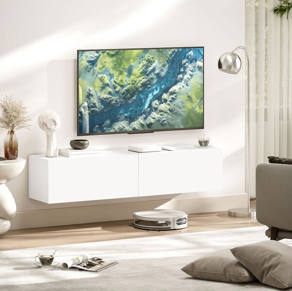 HOMCOM Mobile TV Sospeso per Televisori da 45"-55"-65" con 2 Armadietti e Ante a Ribalta, 140x33x29.8 cm, Bianco | Aosom Italy