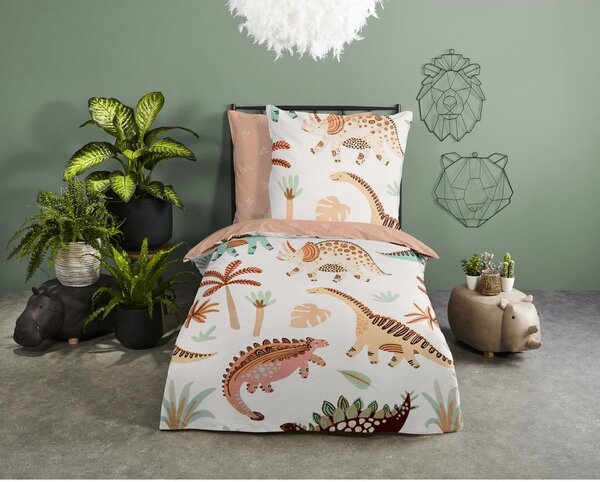 Set copripiumino e federa da bambini marrone/beige in cotone per letto singolo 140x200 cm Dino – Good Morning