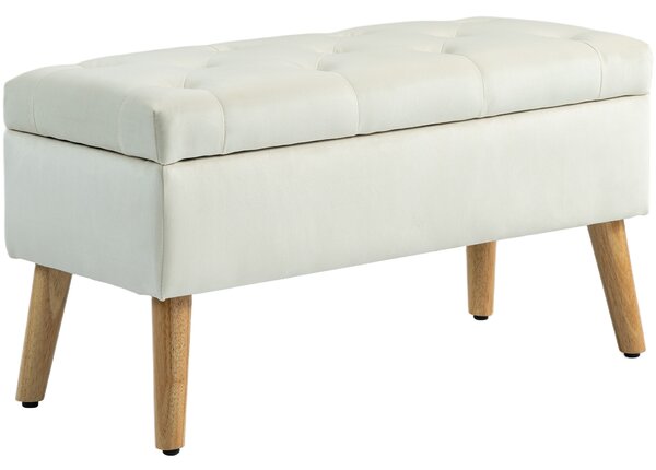 HOMCOM Cassapanca Pouf Contenitore Poggiapiedi 80x35x42 cm in Velluto, Gambe in Legno di Caucciù, Crema | Aosom Italy
