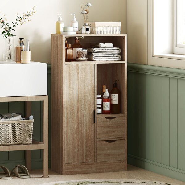 HOMCOM Mobile Bagno Salvaspazio Slim con 2 Cassetti, Ripiani e Armadietto, 50x25x100 cm, Legno Naturale | Aosom Italy