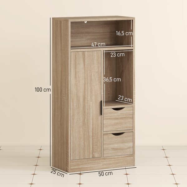 HOMCOM Mobile Bagno Salvaspazio Slim con 2 Cassetti, Ripiani e Armadietto, 50x25x100 cm, Legno Naturale | Aosom Italy