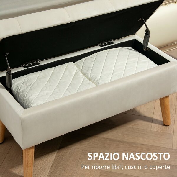 HOMCOM Cassapanca Pouf Contenitore Poggiapiedi 80x35x42 cm in Velluto, Gambe in Legno di Caucciù, Crema | Aosom Italy