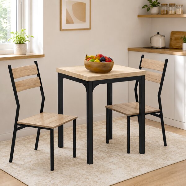 HOMCOM Set Tavolo da Pranzo con 2 Sedie per Casa e Cucina, Metallo e Legno Light Wood Grain Color, Black Frame Table: 60x60x76cm; Chair: 39.5x48x82.5cm